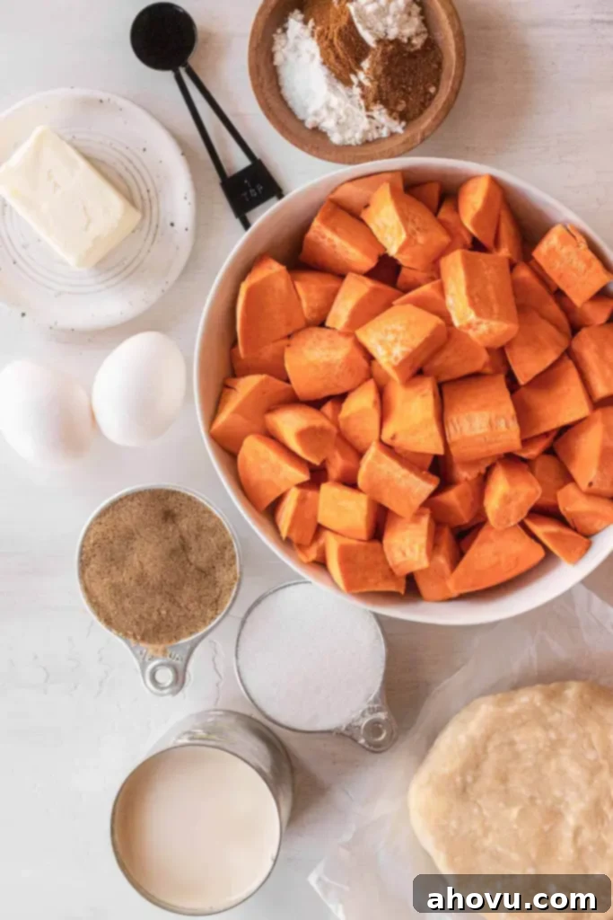 An overhead view of the ingredients needed to make a homemade sweet potato pie. 