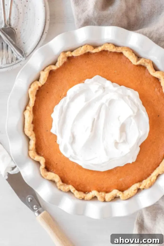 An overhead view of a baked sweet potato pie garnished with whipped cream in a white plate plate. 