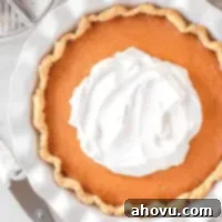 An overhead view of a sweet potato pie topped with homemade whipped cream in a white pie dish.
