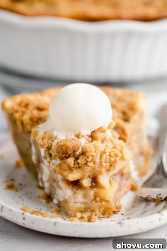 A slice of apple crumble pie topped with a scoop of ice cream that's melting off the sides. The pie has a bite taken out of it to show the inside of the pie.