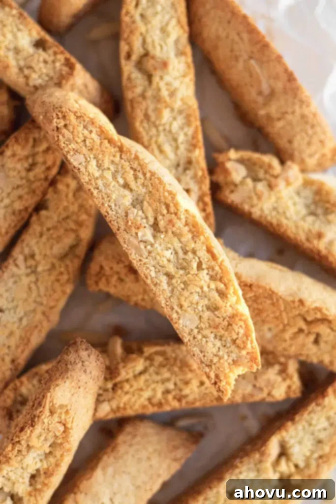 Homemade Almond Biscotti Perfection 2 An overhead view of a pile of almond biscotti cookies.