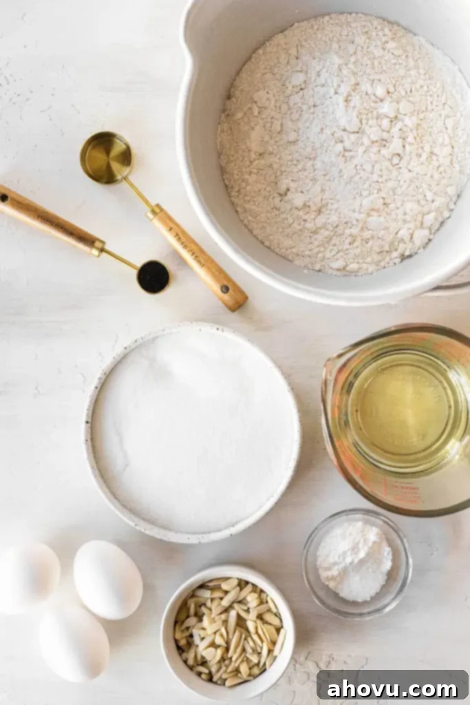 Homemade Almond Biscotti Perfection 3 An overhead view of the ingredients needed to make homemade biscotti.