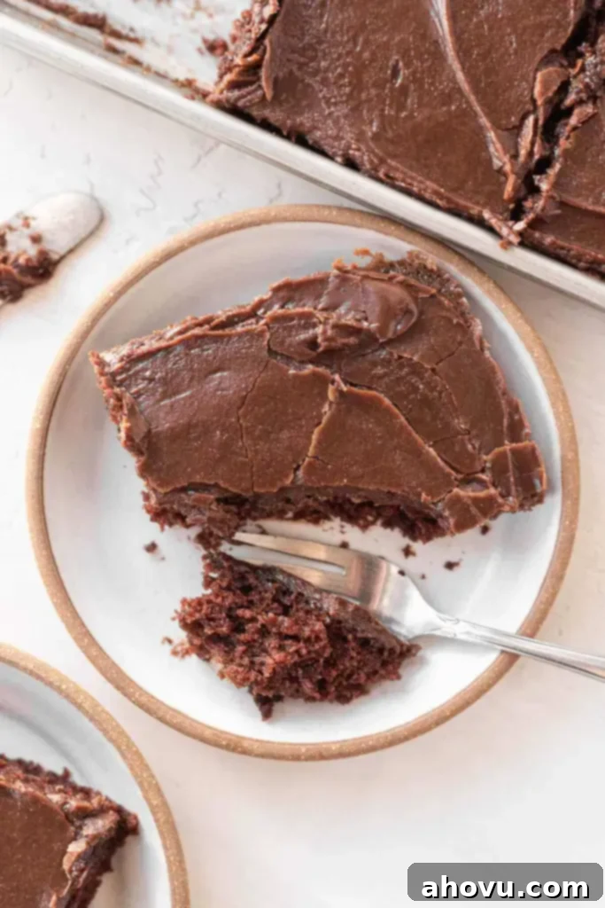 An overhead view of a slice of Texas sheet cake on a white plate. A bite has been cut off. 