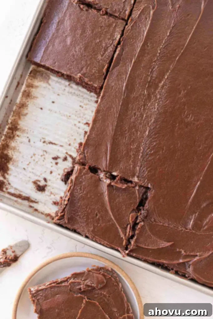 An overhead view of a Texas sheet cake. The cake has been sliced and a slice has been removed.