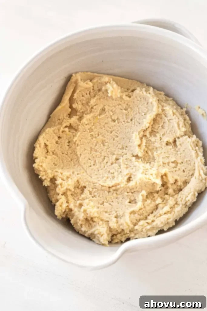 Peekaboo Jam Cookies 4 Freshly mixed Linzer cookie dough, perfectly smooth and ready for the next step, resting in a large white mixing bowl.