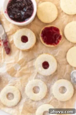 An overhead view of the assembly process for Linzer cookies, showing jam spread on solid bases and dusted tops being placed on them.
