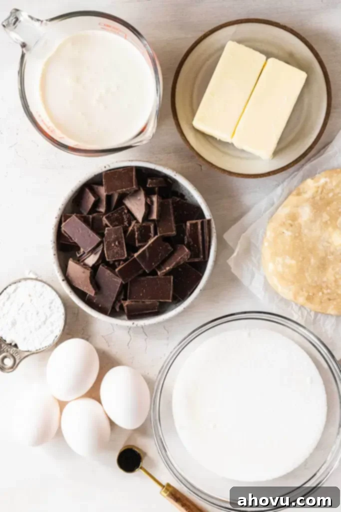 Decadent French Silk Pie 3 An overhead view of the ingredients needed to make a traditional French silk chocolate pie.