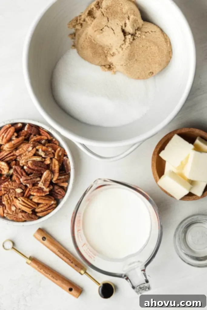 An overhead view of the ingredients needed to make pecan pralines. 