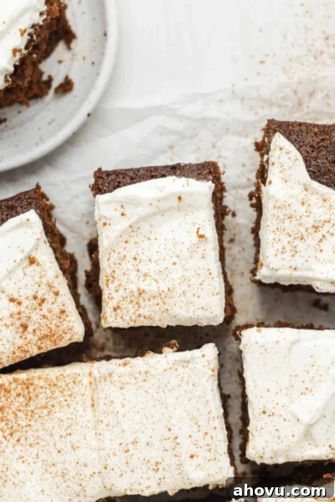 An overhead view of slices of gingerbread cake. 