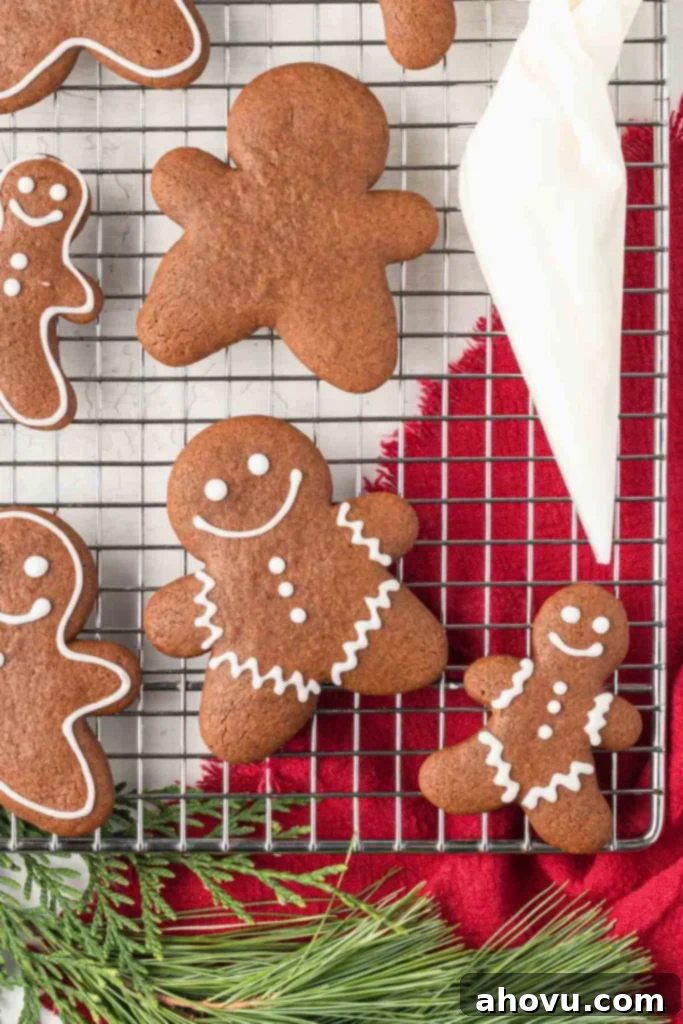Freshly baked, soft gingerbread cookies cooling on a wire rack, with a piping bag filled with icing nearby, hinting at festive decoration.