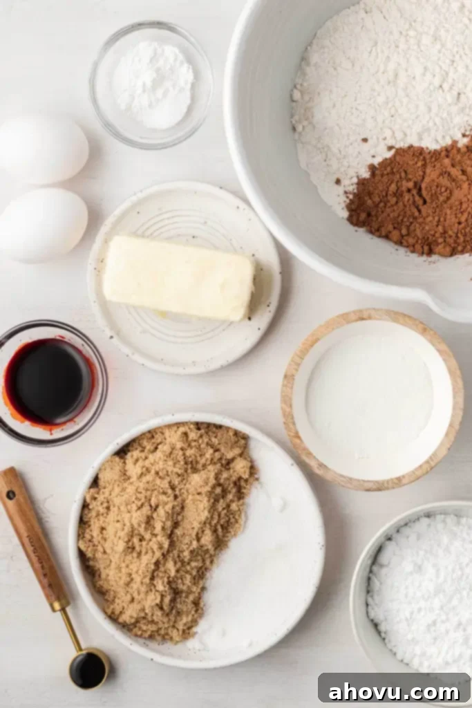 An overhead view of the ingredients needed to make red velvet cookies. 