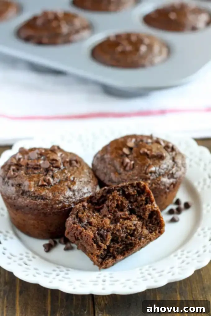 Featherlight Double Chocolate Treats 4 Three healthy chocolate muffins on a white plate. Additional muffins sit in a muffin tin in the background.