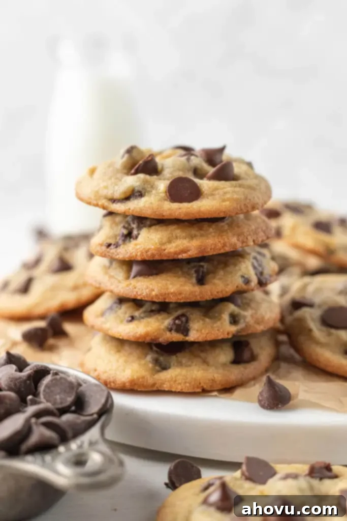 A stack of five chocolate chip pudding cookies, on a plate with more cookies. A measuring cup of chocolate chips rests in the foreground. 