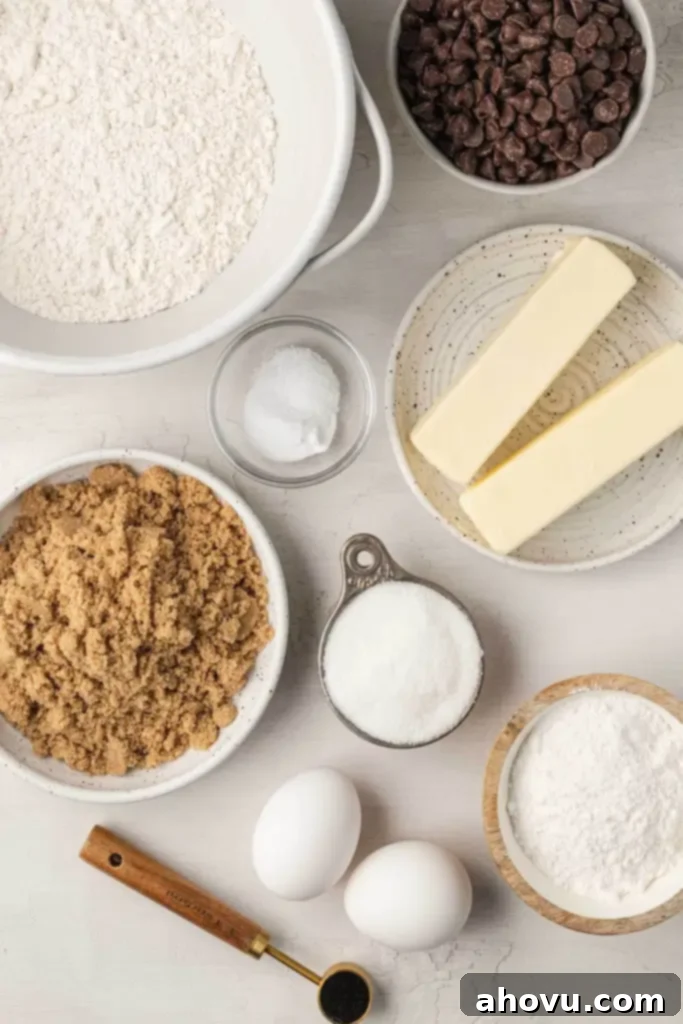 An overhead view of the ingredients needed to make chocolate chip cookies with pudding mix. 