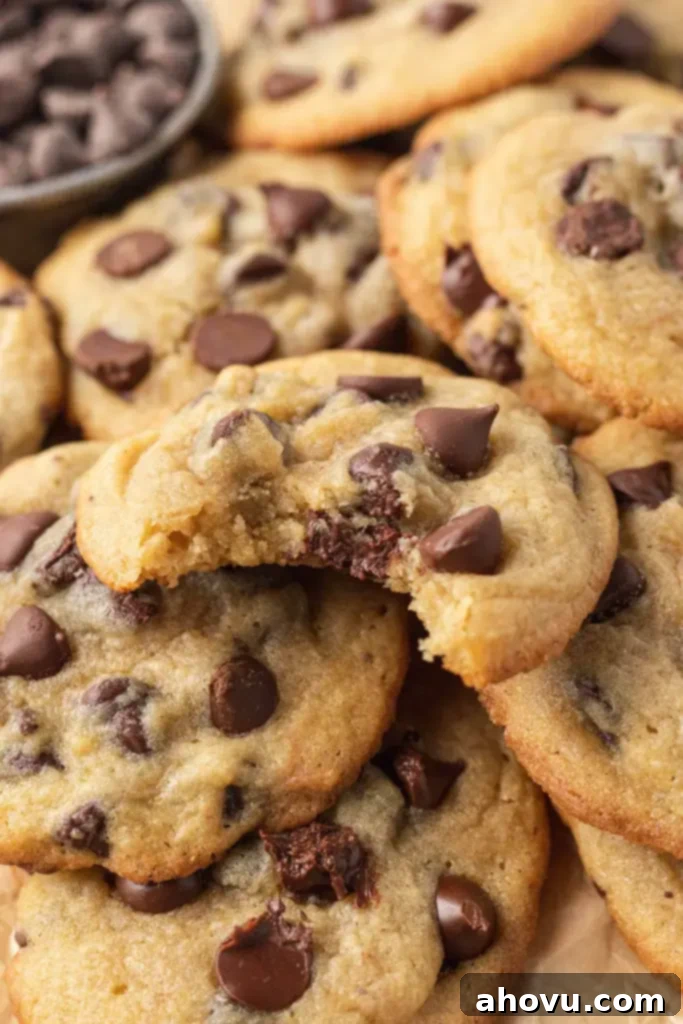 A close up view of a chocolate chip pudding cookie with a bite missing, on top of a pile of cookies. 