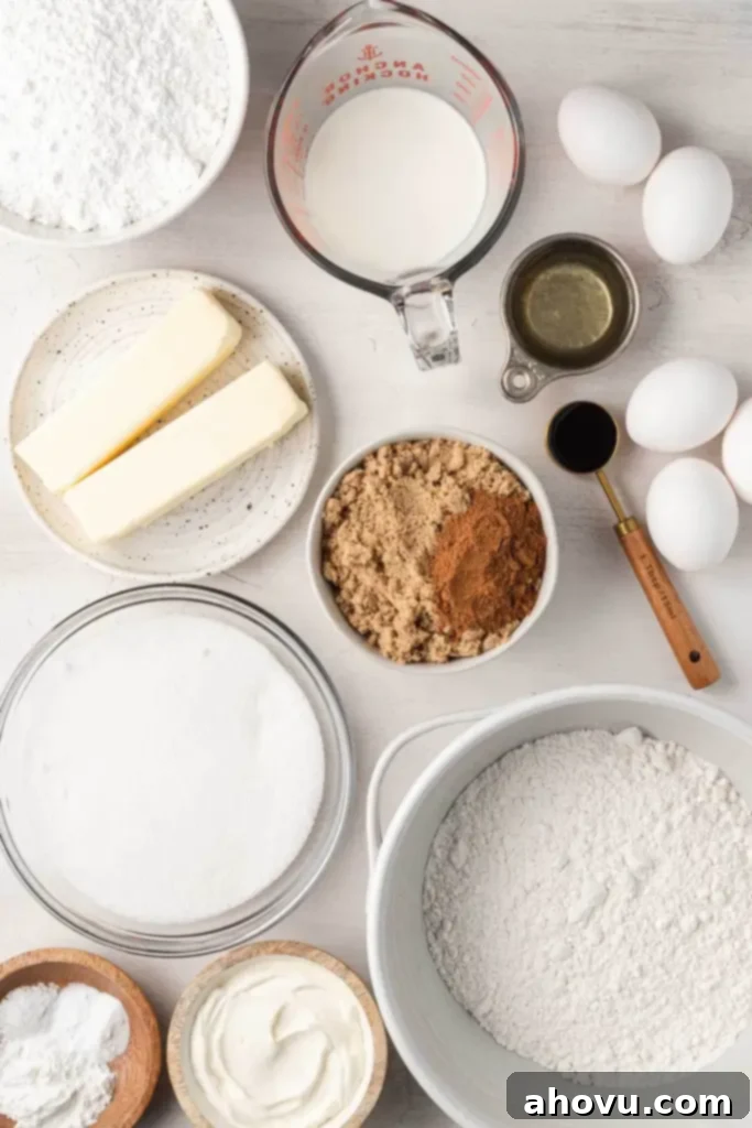 Glazed Cinnamon Honey Bun Cake 3 An overhead view of the ingredients for a honey bun cake recipe from scratch.