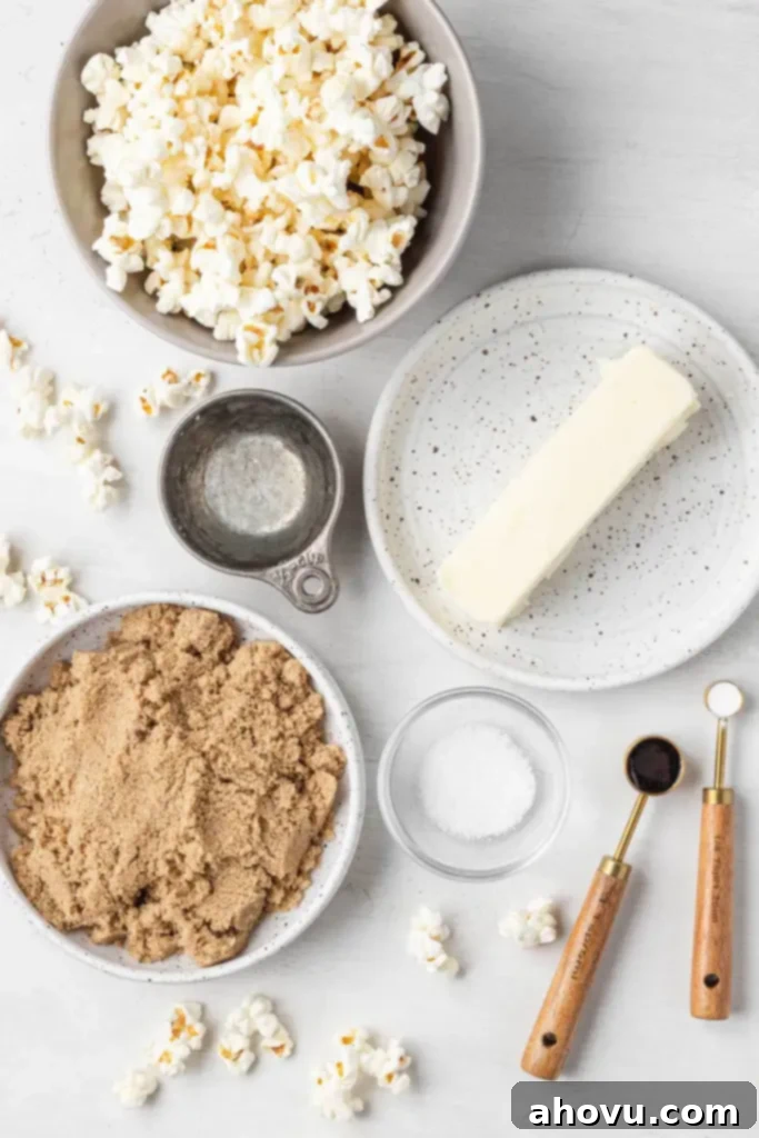 An overhead view of the ingredients needed to make the best homemade caramel popcorn. 