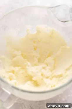 A mixing bowl with butter and granulated sugar that has been creamed together until the mixture is light, pale, and fluffy, indicating proper aeration for the cake batter.