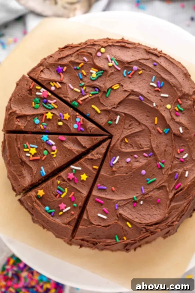 An overhead view of a fully assembled yellow cake generously coated in rich chocolate buttercream frosting and adorned with colorful sprinkles, ready for serving.