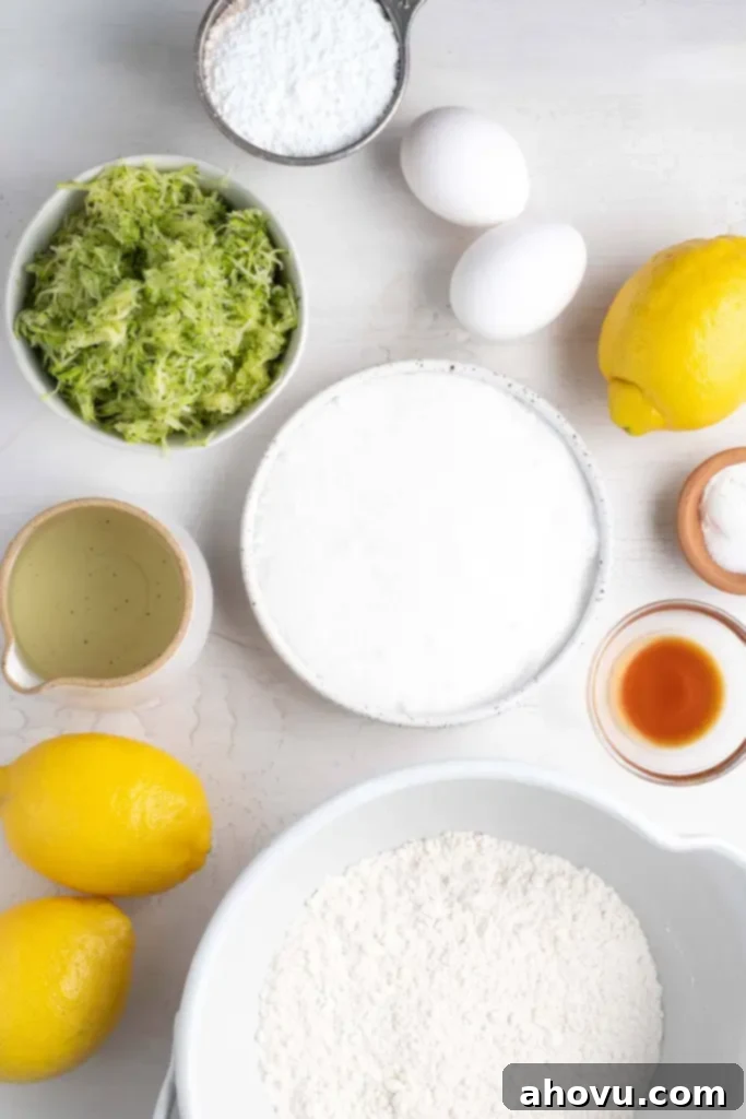 An overhead view of the ingredients needed to make zucchini bread with lemon. 