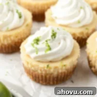 Mini key lime pies on a piece of parchment paper. Each mini pie is topped with whipped cream and a little lime zest.