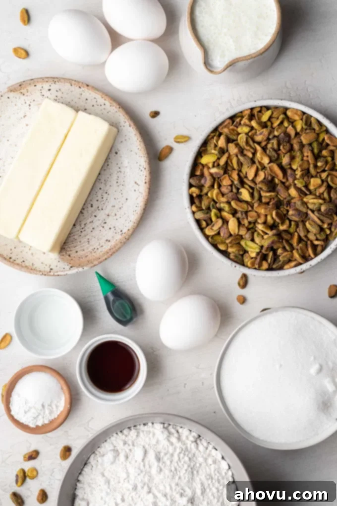An overhead view of the ingredients needed to make a a pistachio cake.