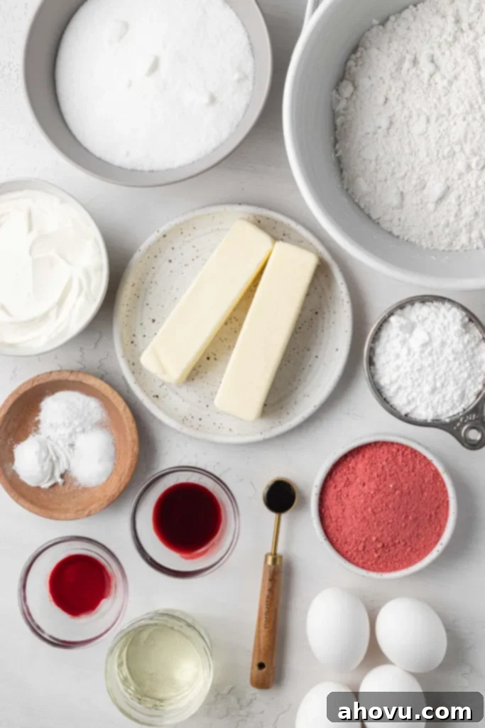An overhead view of the ingredients needed to make pound cake with strawberry glaze. 