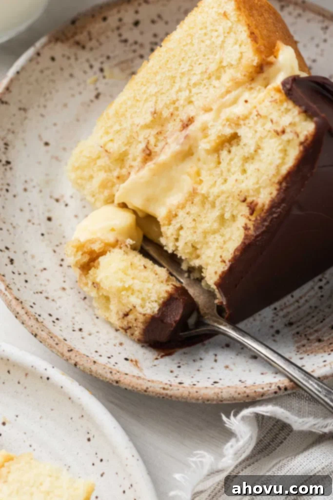 The Original Boston Cream Cake 5 A slice of Boston cream pie on a speckled white plate.
