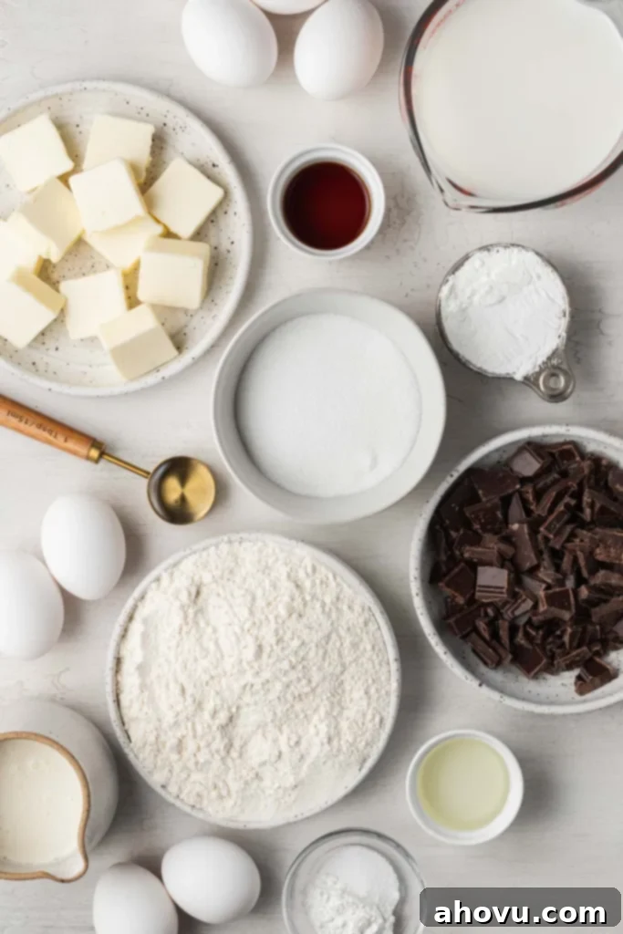 The Original Boston Cream Cake 3 An overhead view of the ingredients in a Boston cream pie cake.