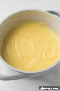 Thickened pastry cream in a saucepan.