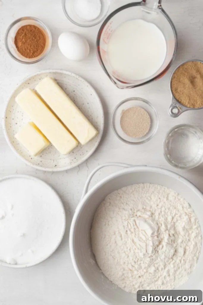 Overhead view of the ingredients needed to make cinnamon monkey bread. 