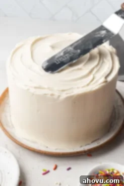 A mini vanilla cake being smoothly frosted on a speckled white plate, highlighting its elegant simplicity.