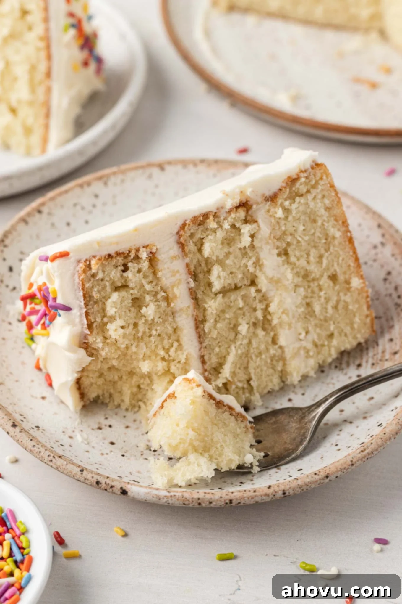 A delicious slice of mini vanilla cake resting on a delicate speckled white dessert plate, inviting you to indulge.