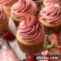 Several vanilla cupcakes topped with vibrant pink strawberry buttercream frosting, looking perfectly piped and ready to enjoy.