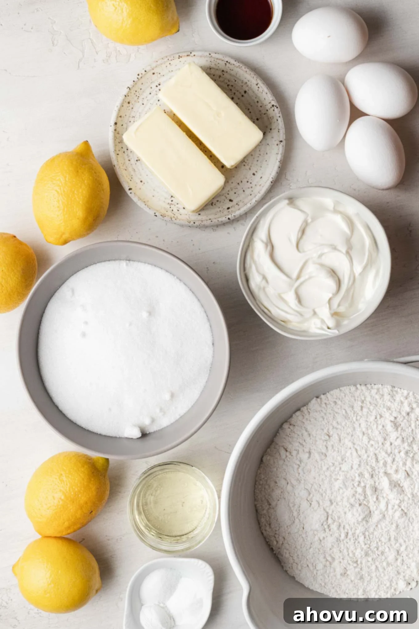 An overhead view of the ingredients needed to make a lemon glazed pound cake. 