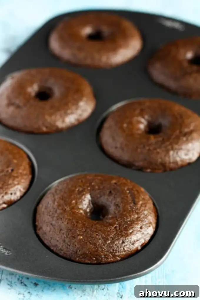 Baked chocolate cake donuts in a donut pan. 