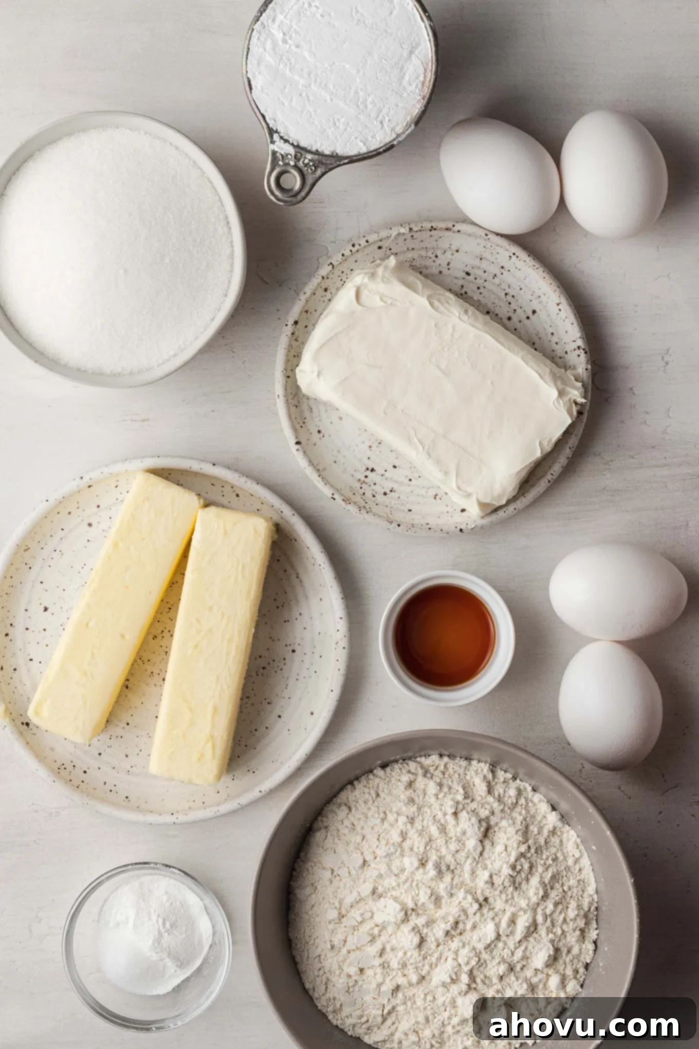 Golden Gooey Delight 3 An overhead view of the ingredients needed to make a gooey butter cake recipe from scratch.