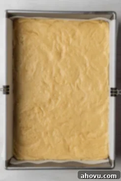 An overhead view of vanilla cake batter in a 9x13-inch pan.
