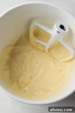 An overhead view of a sweetened cream cheese mixture in a white mixing bowl with a paddle attachment.