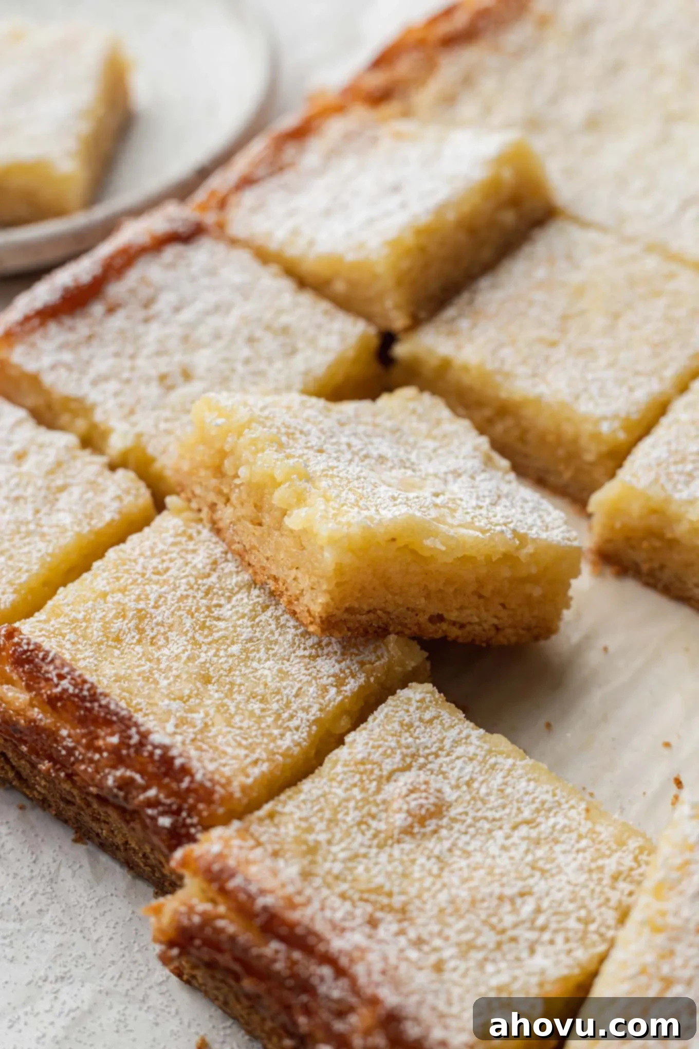 Golden Gooey Delight 4 Slices of homemade gooey butter cake dusted with powdered sugar.