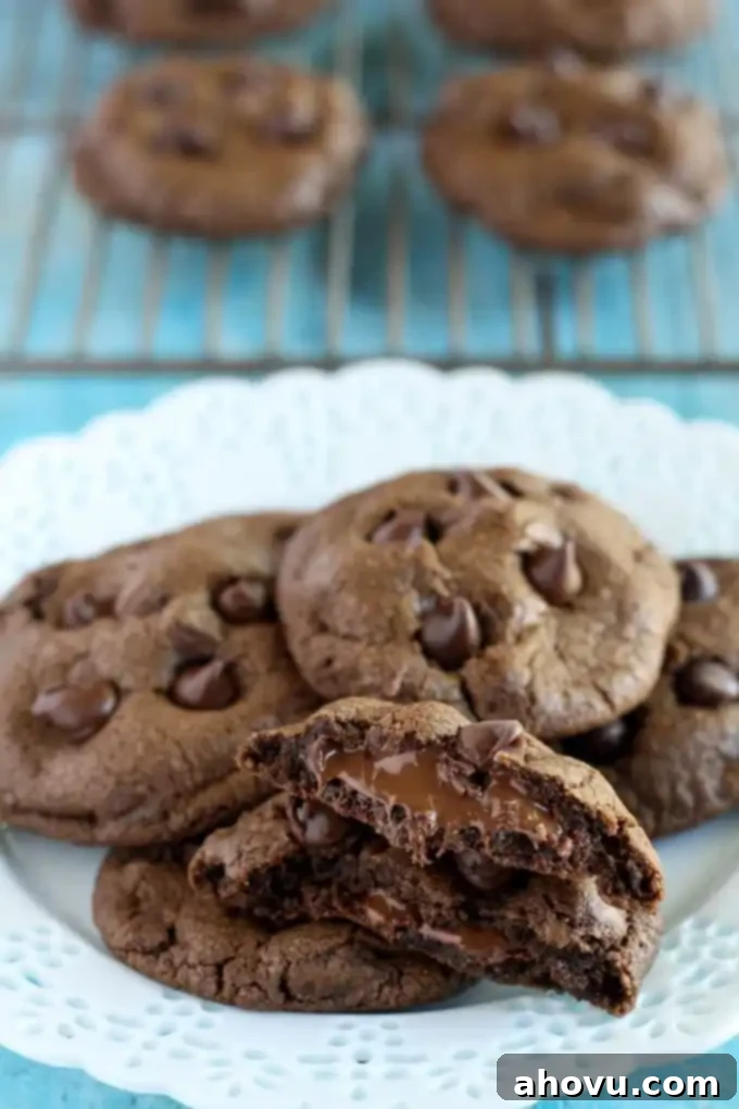 A plate of Nutella cookies. More cookies rest on a cooling rack in the background. 