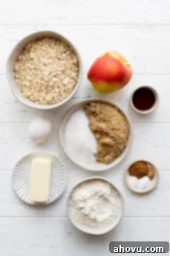 The ingredients needed to make apple oatmeal cookies laid out on a rustic white surface. This highlights the simple, wholesome nature of the recipe components.