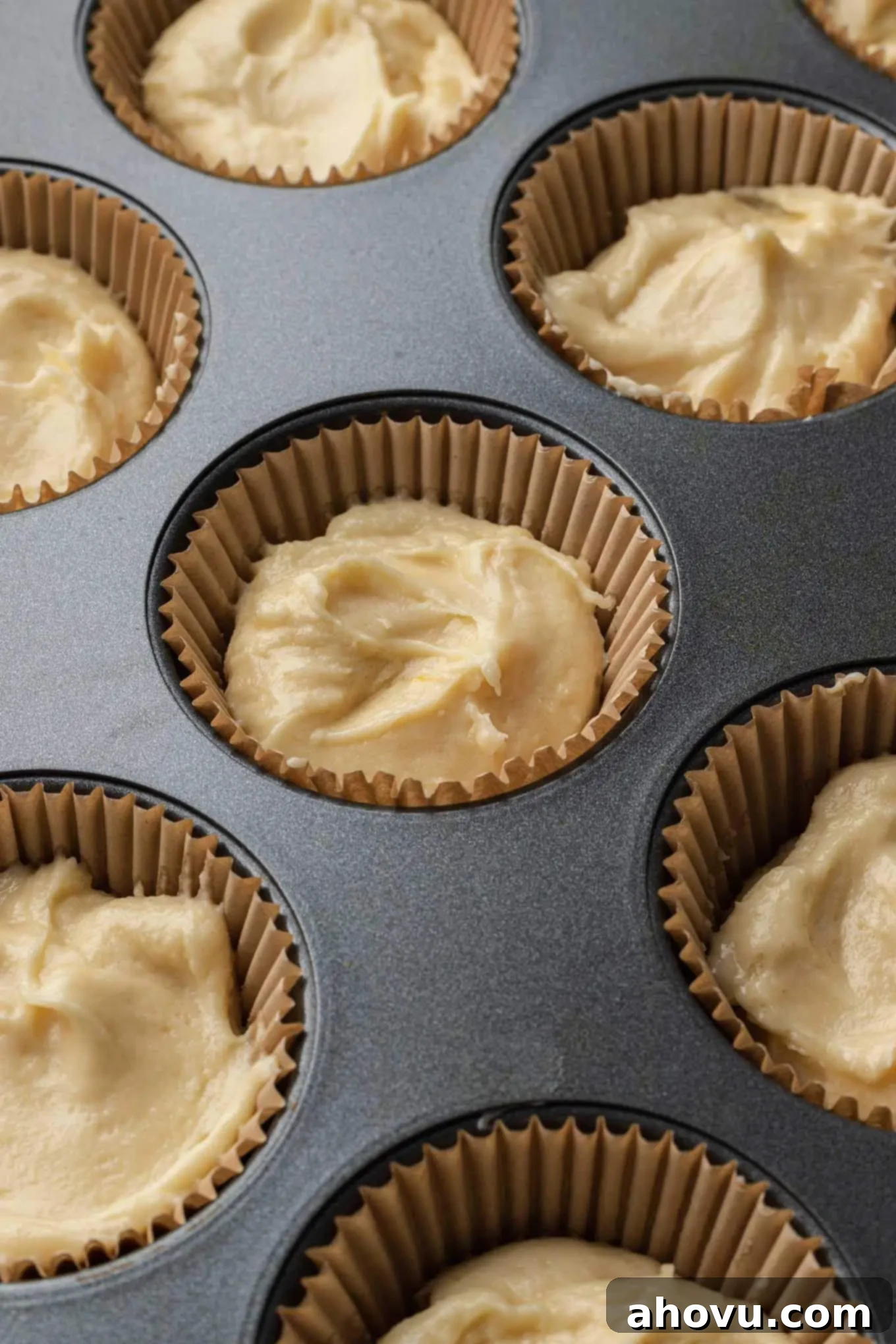 Vanilla cupcakes ready to be baked in the oven. 