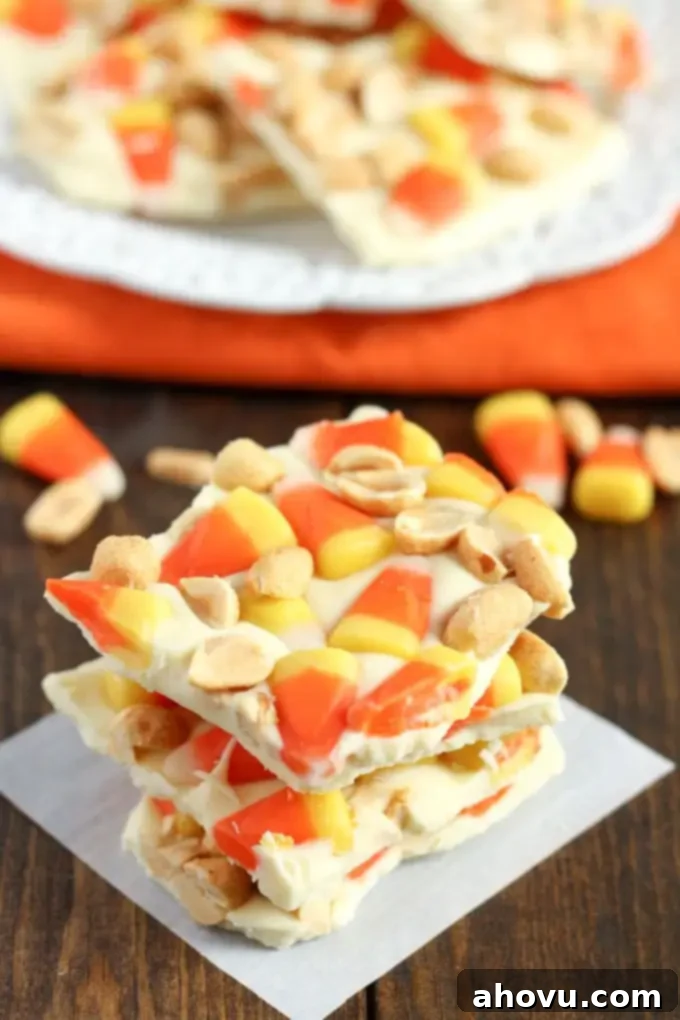 Candy Corn Peanut Bark on a white platter, ready to be served