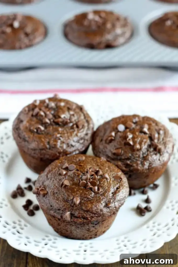 Light and fluffy skinny double chocolate muffins, a healthier indulgence.