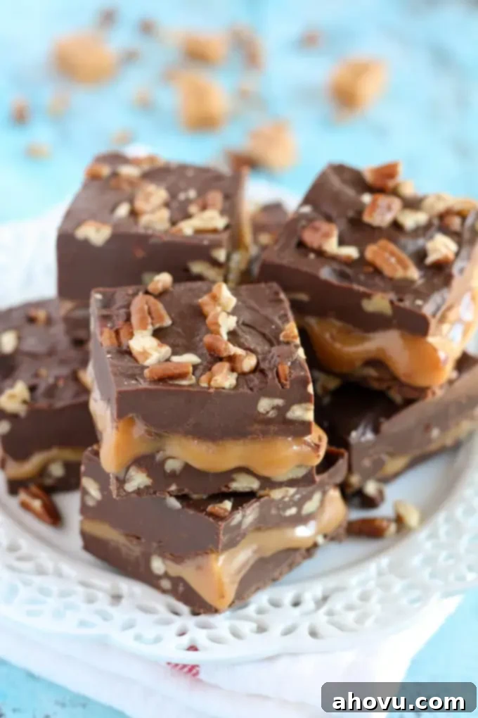 Close-up of the gooey caramel center of a Turtle Fudge square, highlighting its rich texture.