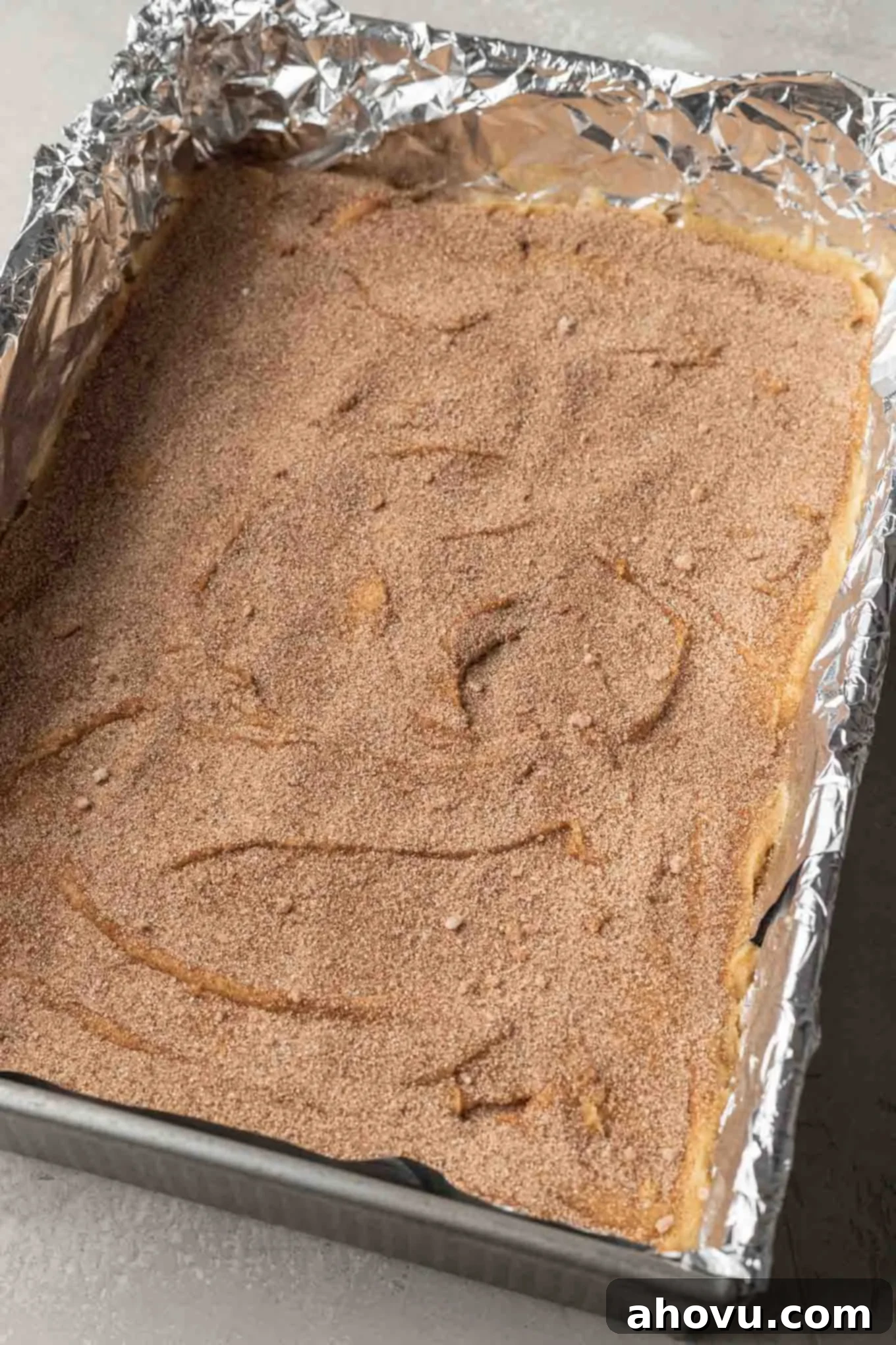 A generous layer of cinnamon sugar beautifully sprinkled on top of the smooth snickerdoodle cookie dough in the baking pan, preparing it for baking.