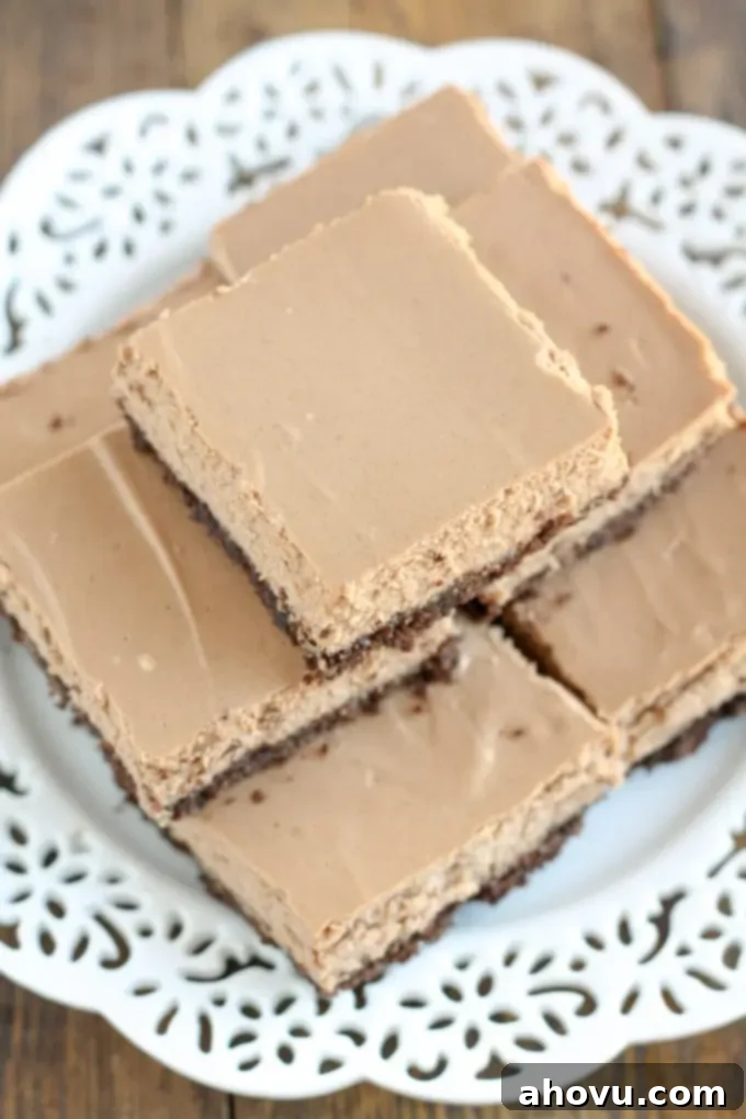 Guilt-Free Mocha Cheesecake Bars 3 These Skinny Mocha Cheesecake Bars are lightened up with Greek yogurt and less sugar! Serve these bars for an easy and lighter dessert.