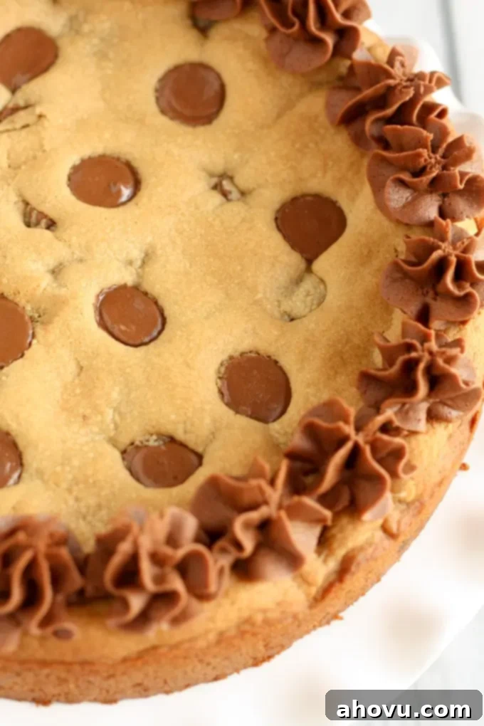 Giant Peanut Butter Cup Cookie 3 A glorious giant peanut butter cookie cake, lovingly topped with a swirl of rich chocolate frosting, ready for slicing.