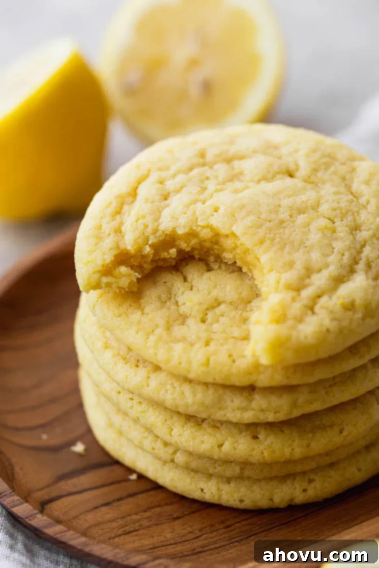 An intimate, close-up shot of a stack of freshly baked lemon cookies, highlighting the delicious texture of the cookie with a noticeable bite taken from the top one.